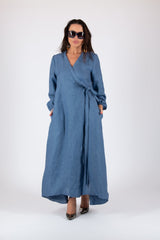 Linen Long Sleeves Wrap Dress NAPOLI - EUG FASHION