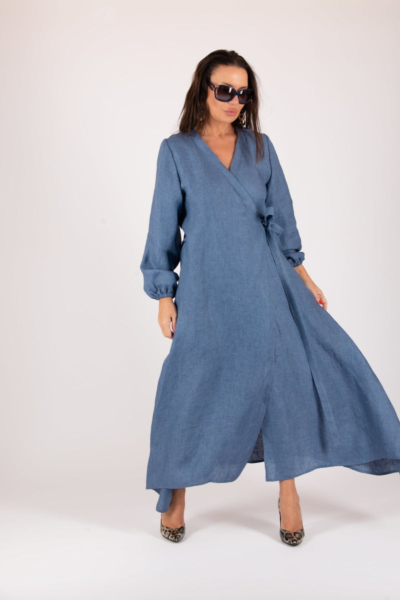 Linen Long Sleeves Wrap Dress NAPOLI - EUG FASHION