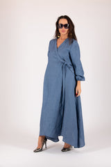 Linen Long Sleeves Wrap Dress NAPOLI - EUG FASHION