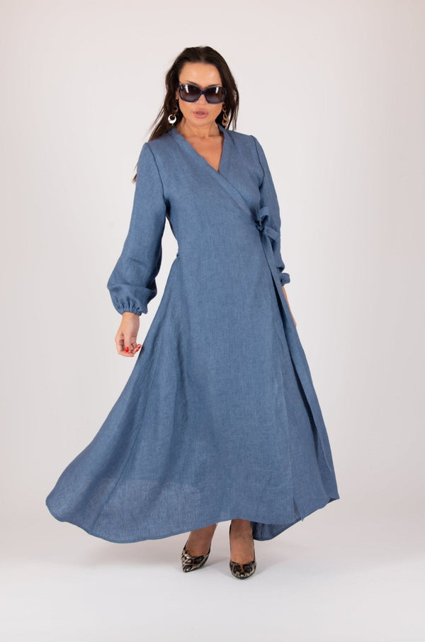 Linen Long Sleeves Wrap Dress NAPOLI - EUG FASHION