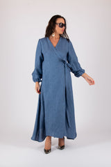 Linen Long Sleeves Wrap Dress NAPOLI - EUG FASHION