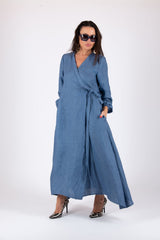 Linen Long Sleeves Wrap Dress NAPOLI - EUG FASHION