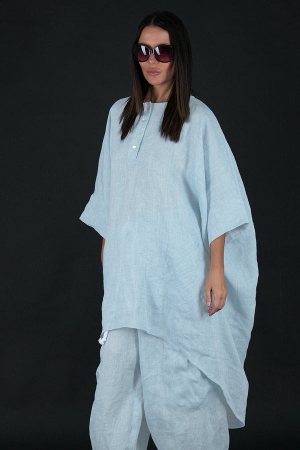 Front view of ANN Linen Maxi Tunic - Loose pattern with front buttons.