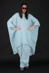 Front view of ANN Linen Maxi Tunic - Loose pattern with front buttons.