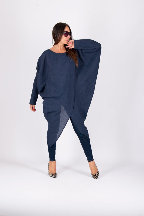 DFold Clothing FABIANA Linen Top Tunic - Asymmetrical wide shape, maxi length, long sleeves, made from 100% linen fabric.