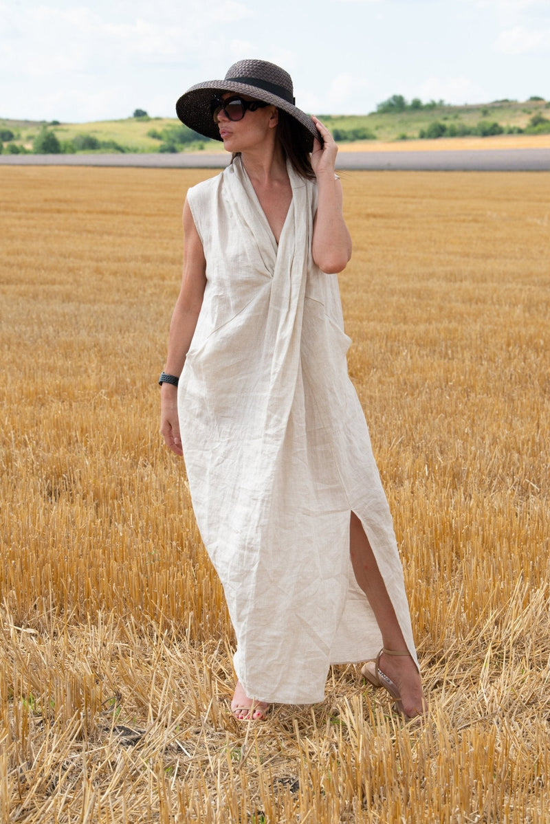 Linen V Neck Dress IVETA - EUG FASHION