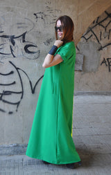 DFold Clothing AMIRA Long Summer Dress With Back Stripe in Green color, side view.