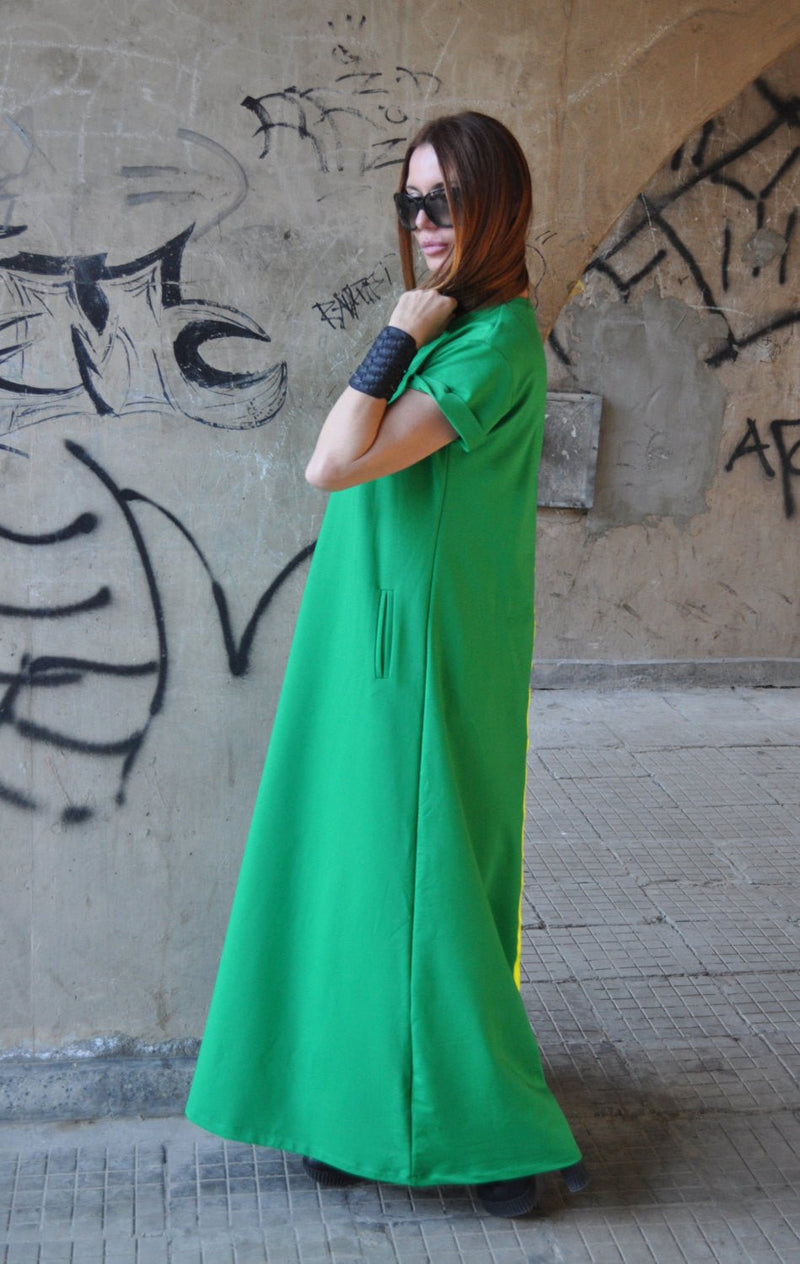 DFold Clothing AMIRA Long Summer Dress With Back Stripe in Green color, side view.