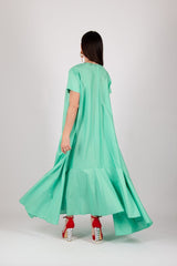 Summer Dress DIVA by DFold Clothing - Back view of the loose-fit cotton dress with stylish flounces