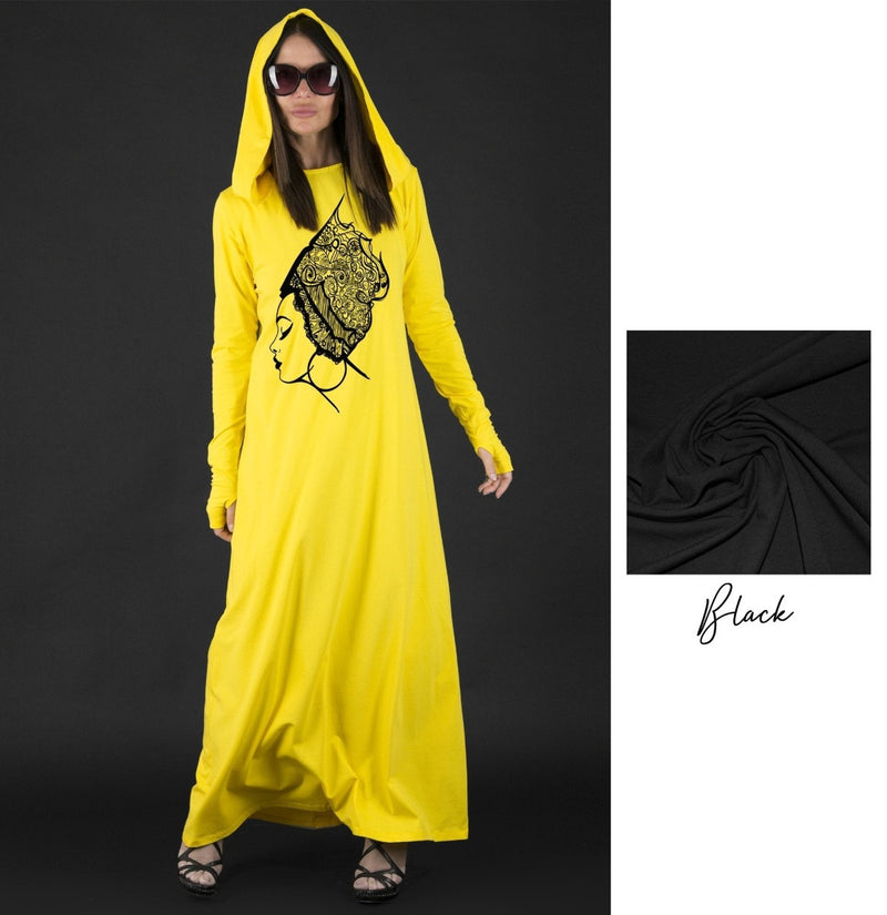 Front view of the REMY Long Hooded Dress in yellow with African woman print and hood.