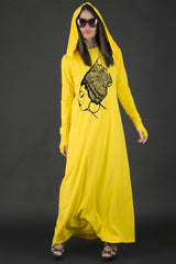 Front view of the REMY Long Hooded Dress in yellow with African woman print and hood.