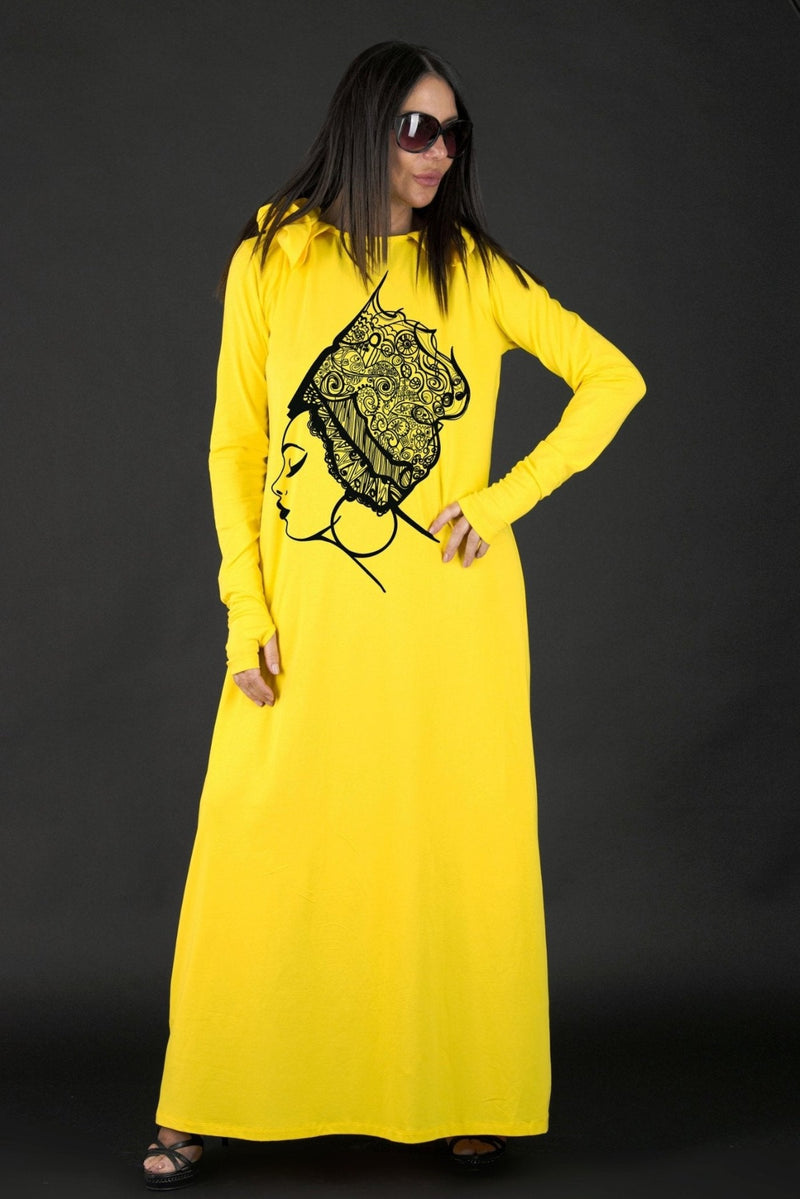 Long Hooded Dress REMY, Yellow / S Long Hooded Dress REMY, Yellow / S