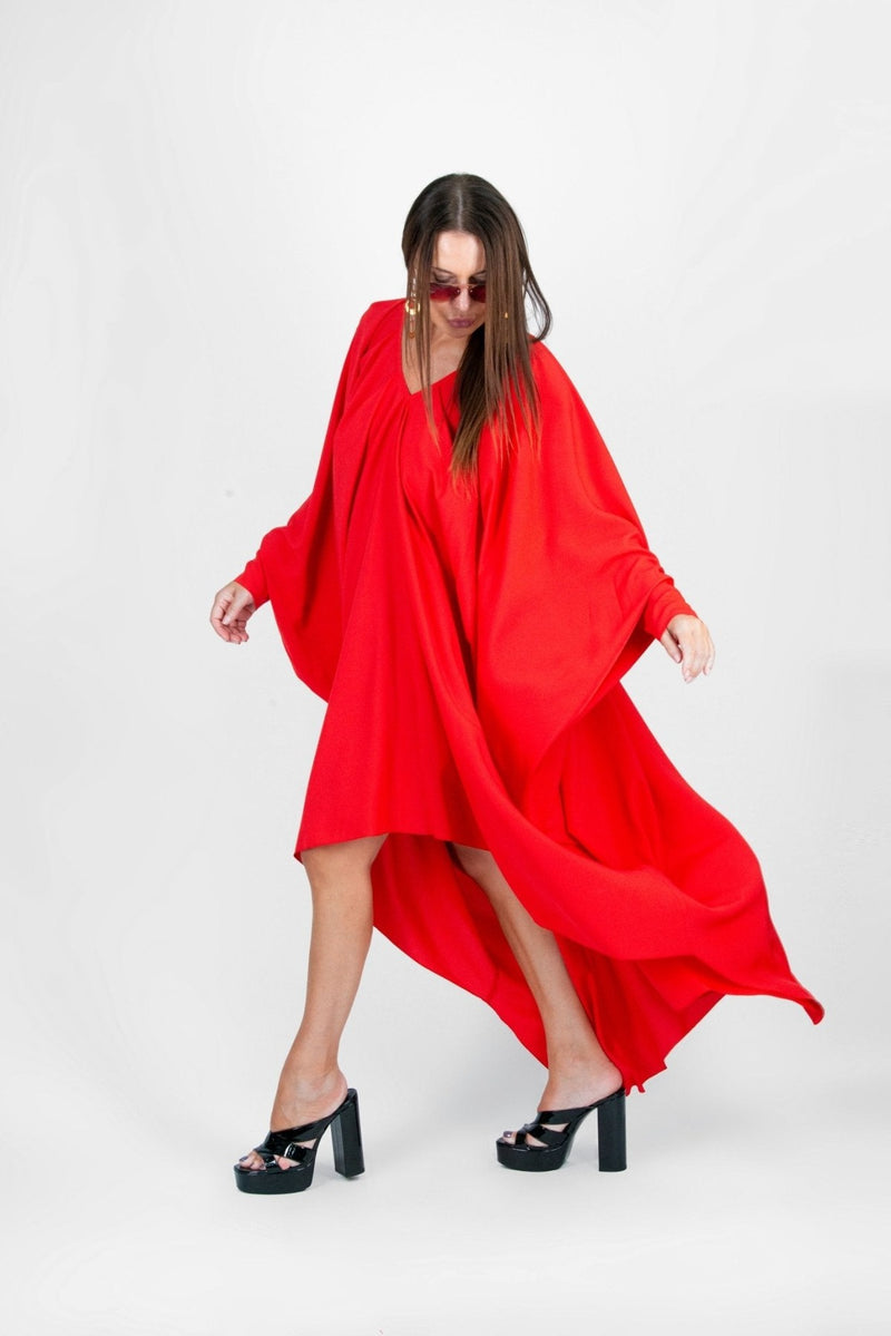 Side View of DFold Clothing PREA Long Maxi Kaftan Dress fabric in Red