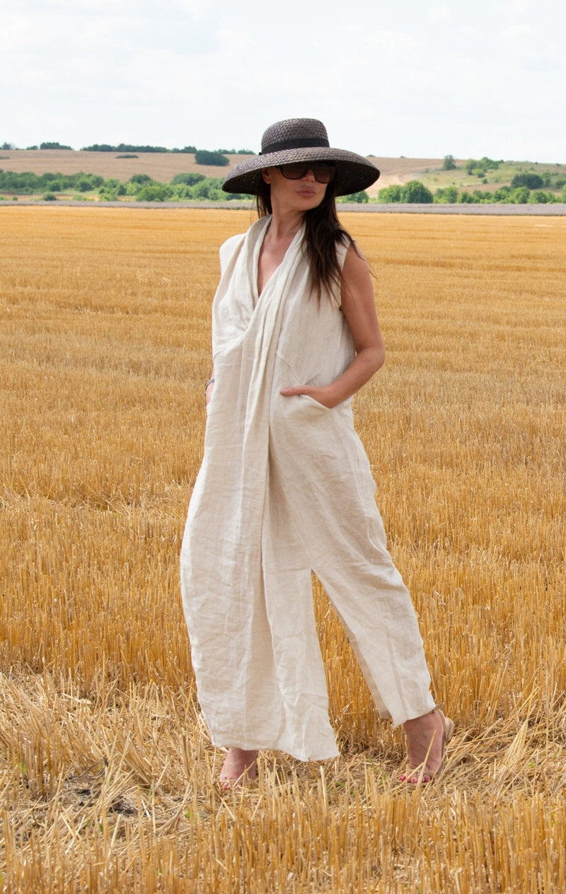 Long Linen V Neck Dress IVETA - EUG FASHION