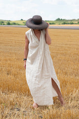 Long Linen V Neck Dress IVETA - EUG FASHION