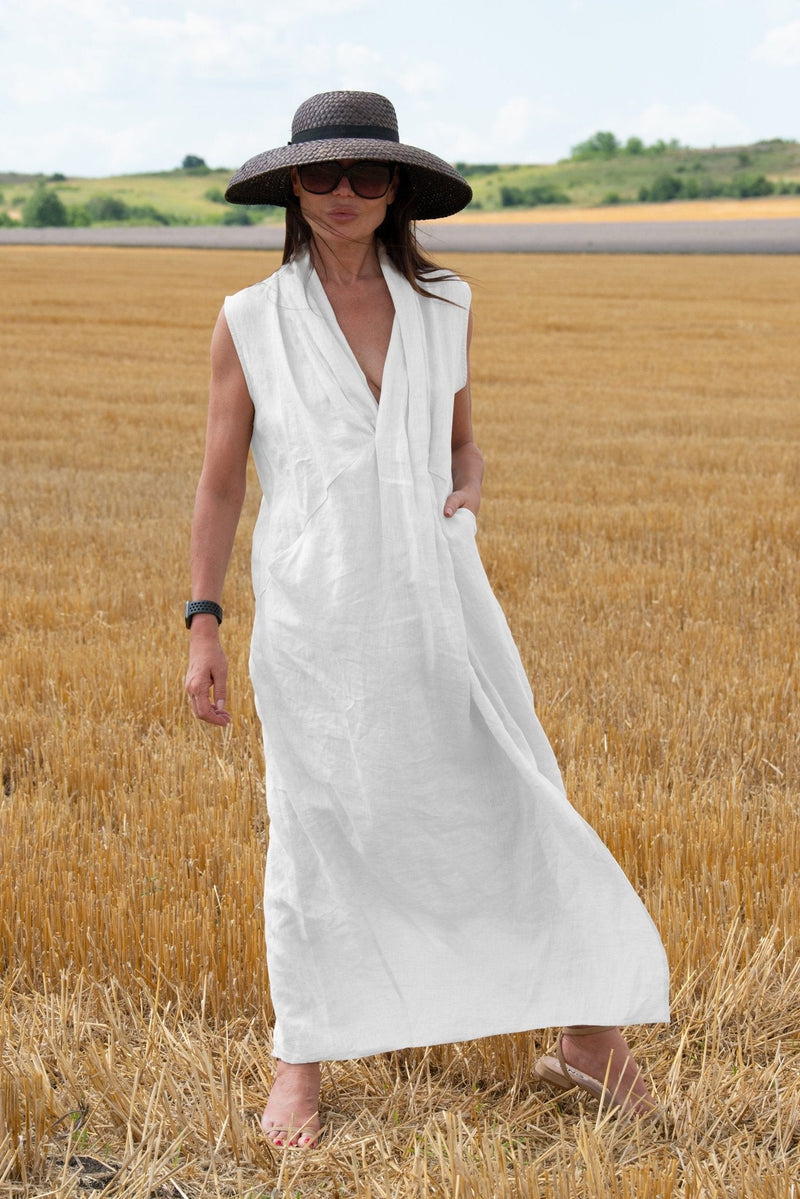 Long Linen V Neck Dress IVETA - EUG FASHION