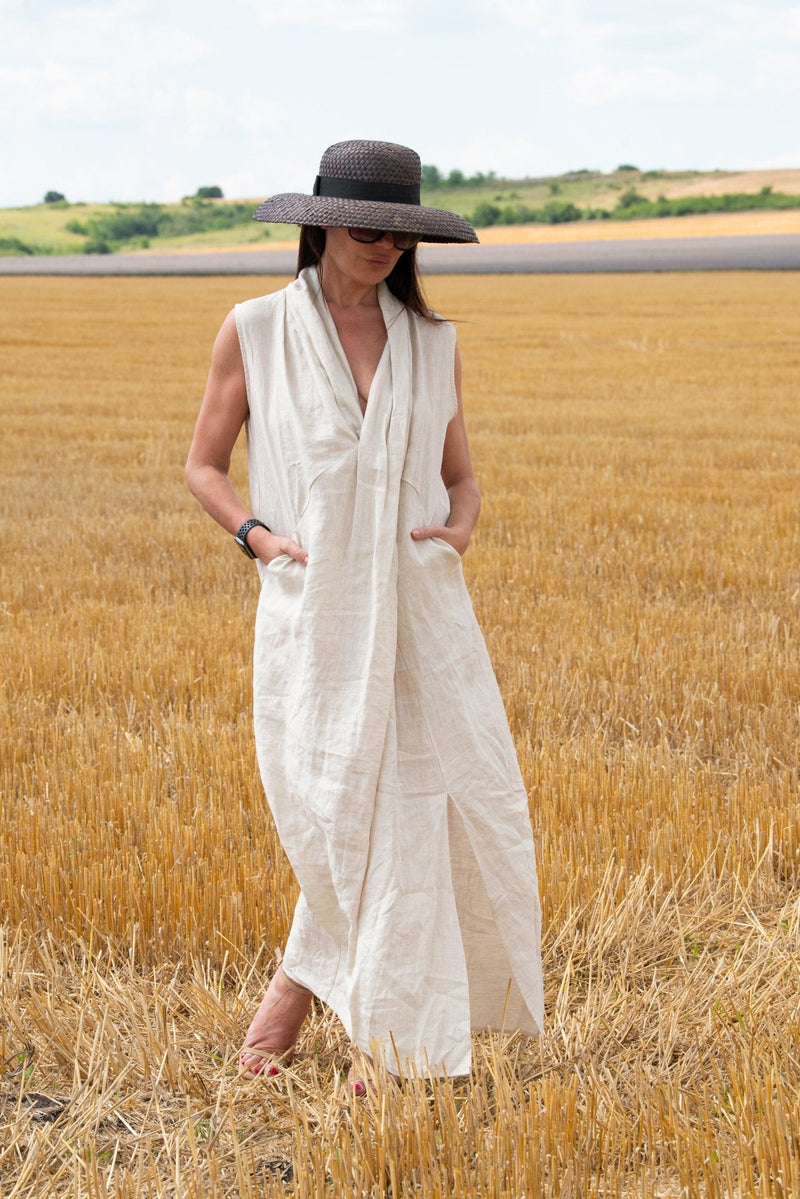 Long Linen V Neck Dress IVETA - EUG FASHION