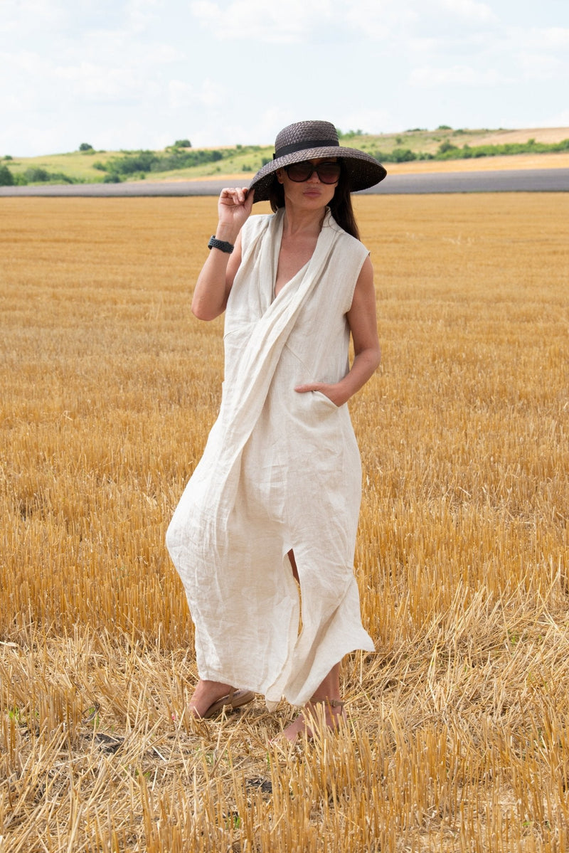 Long Linen V Neck Dress IVETA - EUG FASHION