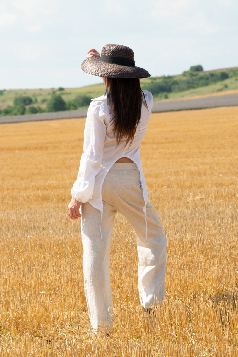 Image of JENNA Linen Shirt with Fashion Back and Long Sleeves in Off White color.