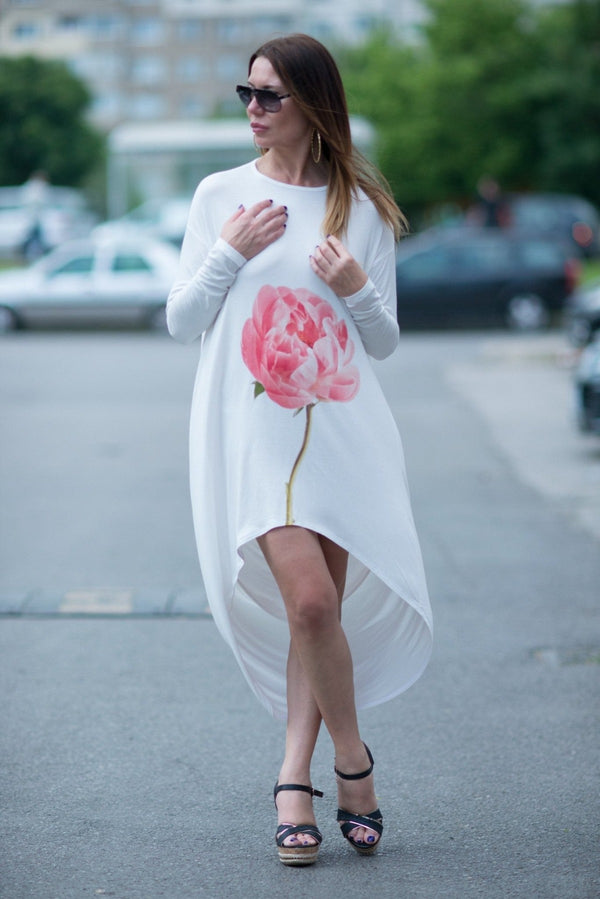 DFold Clothing - White Plus Size Loose Tunic With Printed Rose