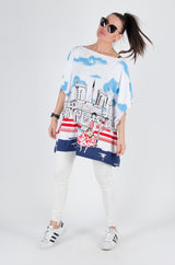LOLA Marine Tunic by DFold Clothing - White tunic with marine woman print, boat neckline, and loose fit.