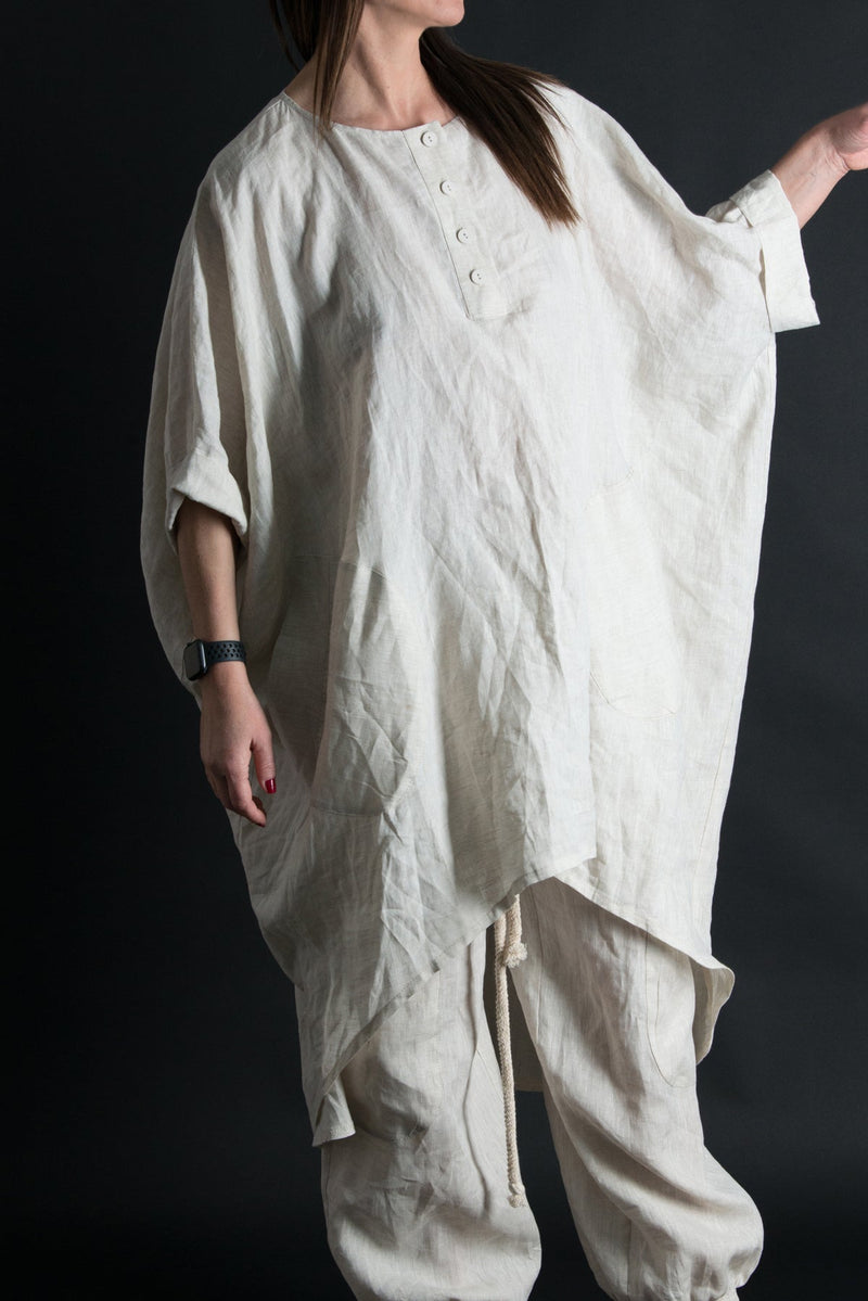 Front view of ANN Linen Maxi Tunic - Loose pattern with front buttons.