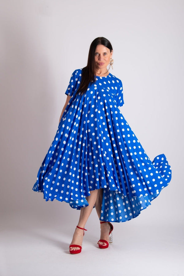 Image of the KOSARA Blue Polka Dot Summer Maxi Dress featuring a vibrant blue polka dot pattern.