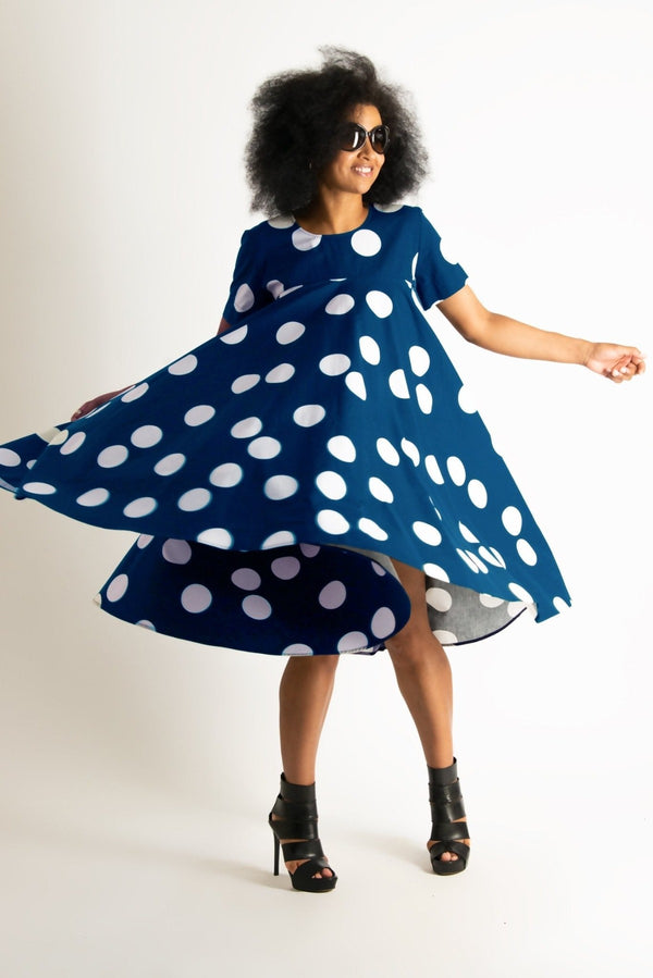 Image of the KOSARA Navy Polka Dot Summer Maxi Dress featuring a vibrant navy polka dot pattern.