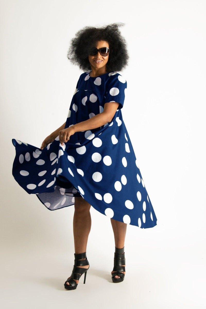 Image of the KOSARA Navy Polka Dot Summer Maxi Dress featuring a vibrant Navy polka dot pattern.