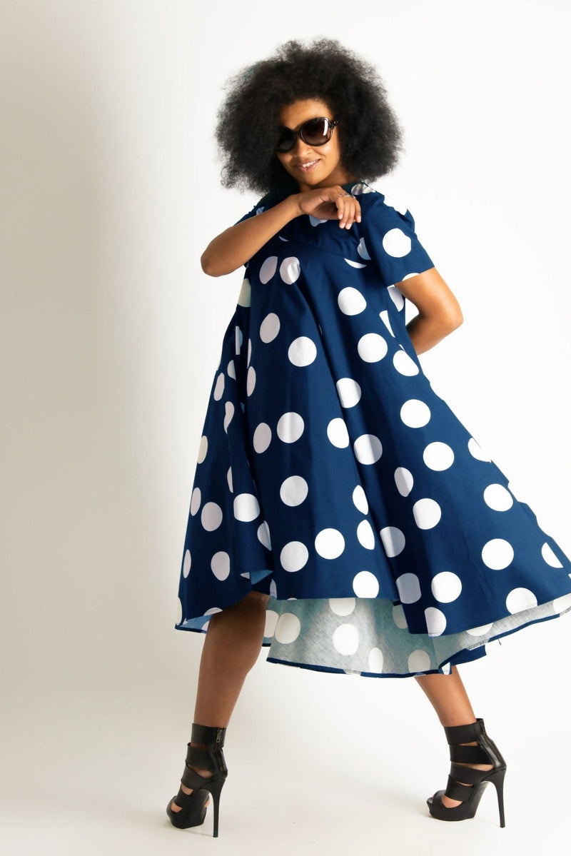 Image of the KOSARA Navy Polka Dot Summer Maxi Dress featuring a vibrant Navy polka dot pattern.