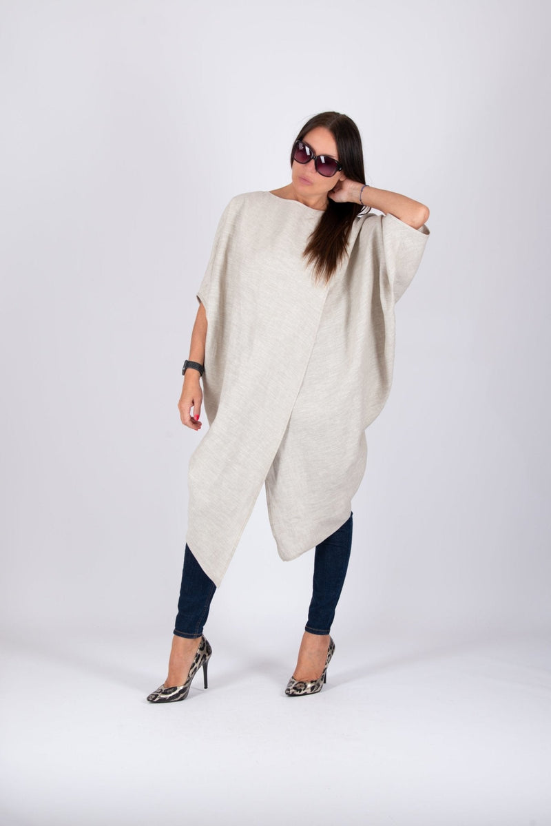 DFold Clothing FABIANA Linen Top Tunic - Asymmetrical wide shape, maxi length, long sleeves, made from 100% linen fabric.