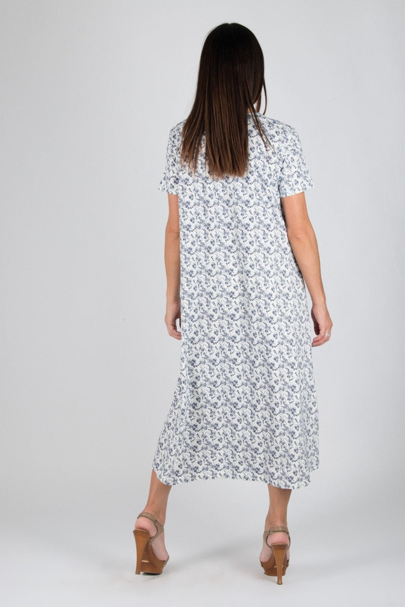 DFold Clothing's EMY Summer Cotton Dress - Vibrant White blue flowers