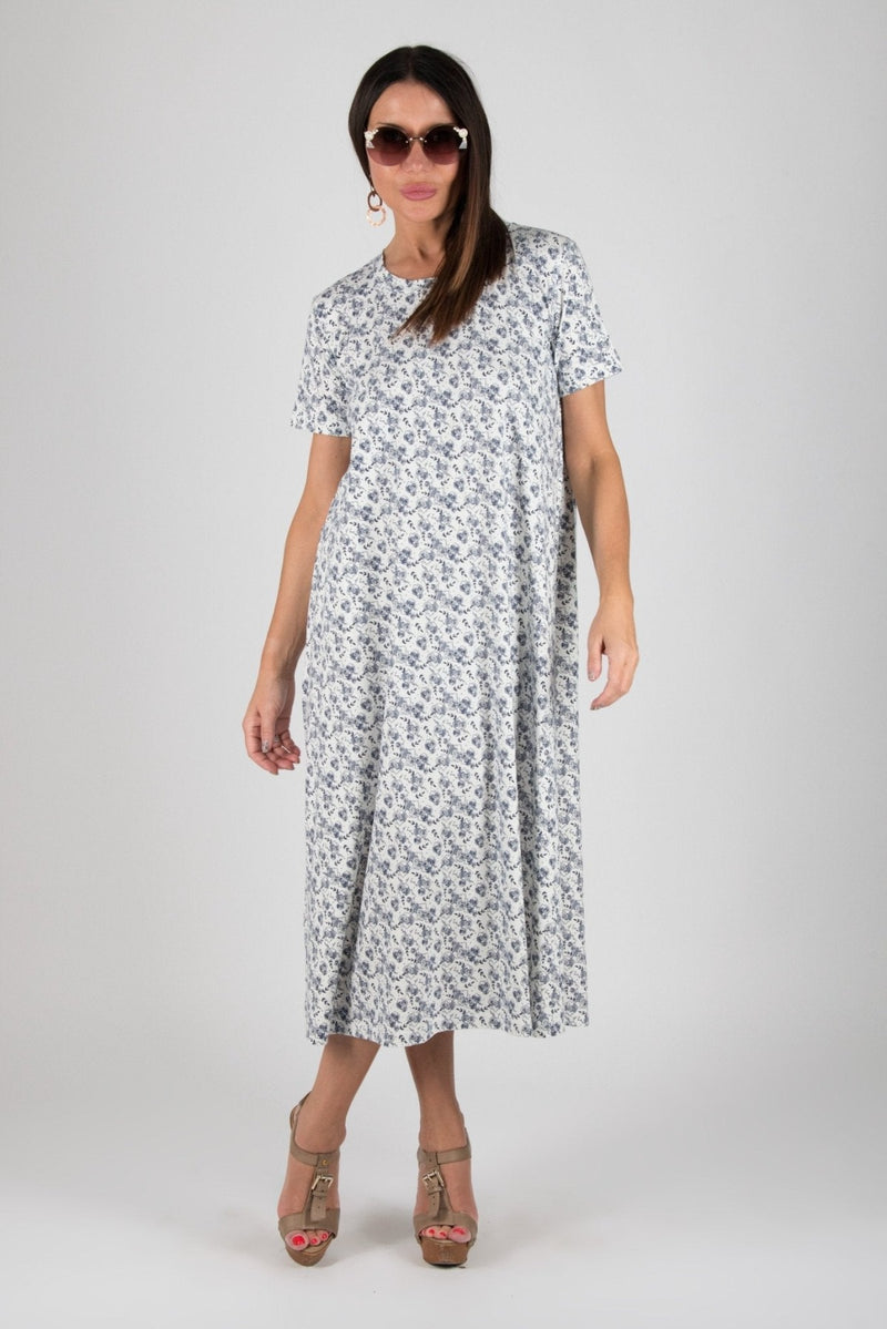 DFold Clothing's EMY Summer Cotton Dress - Vibrant White blue flowers