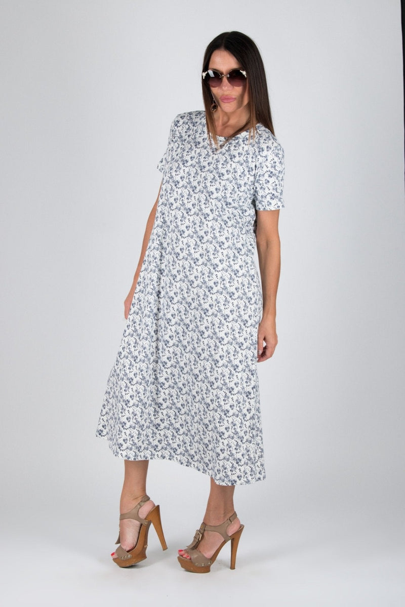 DFold Clothing's EMY Summer Cotton Dress - Vibrant White blue flowers