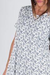 DFold Clothing's EMY Summer Cotton Dress - Vibrant White blue flowers