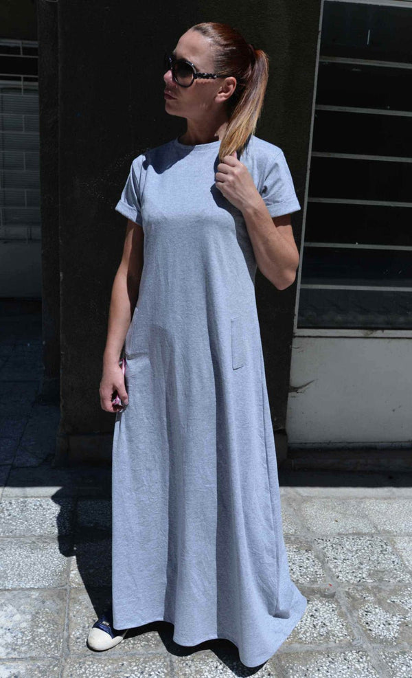 DFold Clothing AMIRA Long Summer Dress With Back Stripe in Light Gray color, front view.