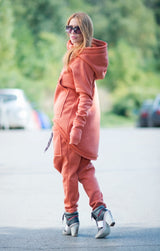 DFold Clothing's MEGAN Hooded Sports Outfit: Soft cotton ensemble with oversized hoodie, front pocket, and harem pants.