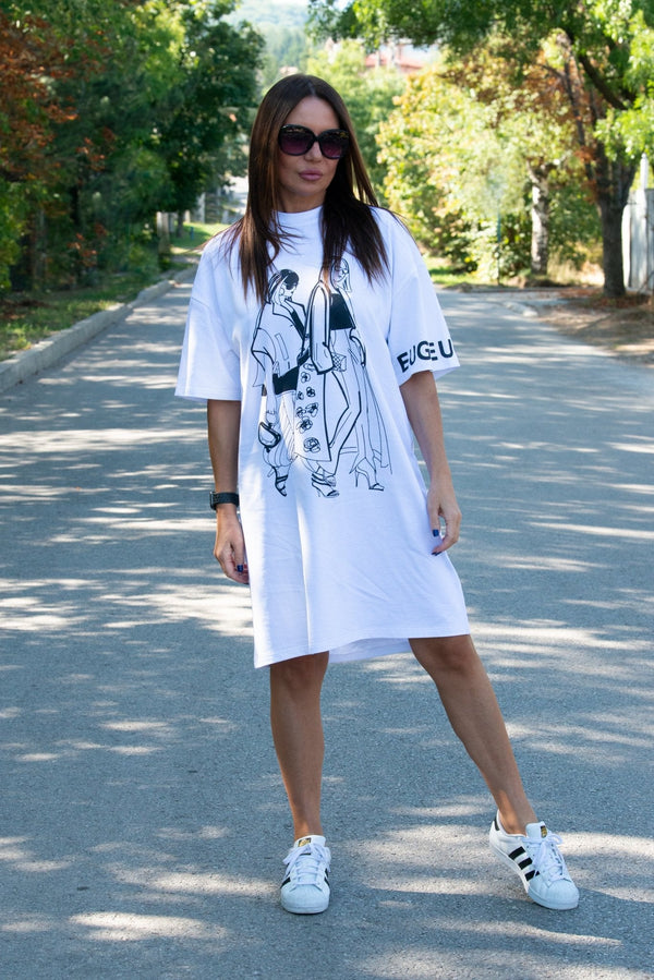White Woman Print Dress LEYLA - EUG FASHION
