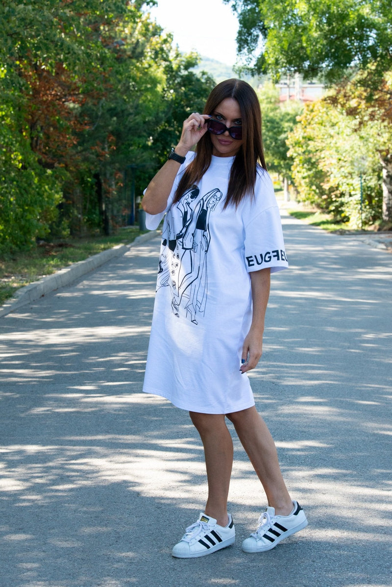 White Woman Print Dress LEYLA - EUG FASHION